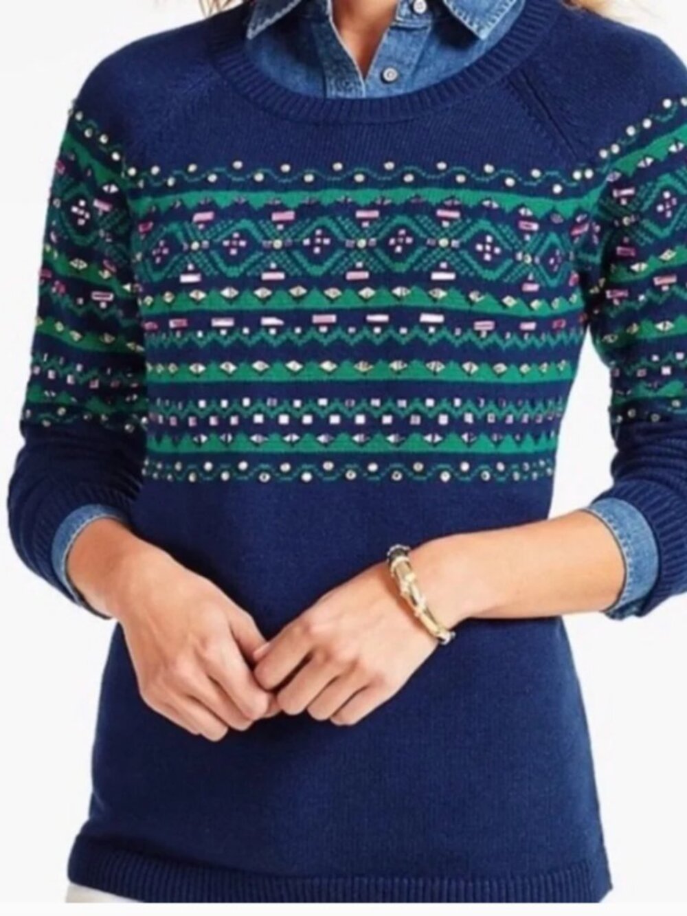 Talbots Navy Sweater w/ Rhinestones Women's Med. Thick.Nylon & Lambswool Blend